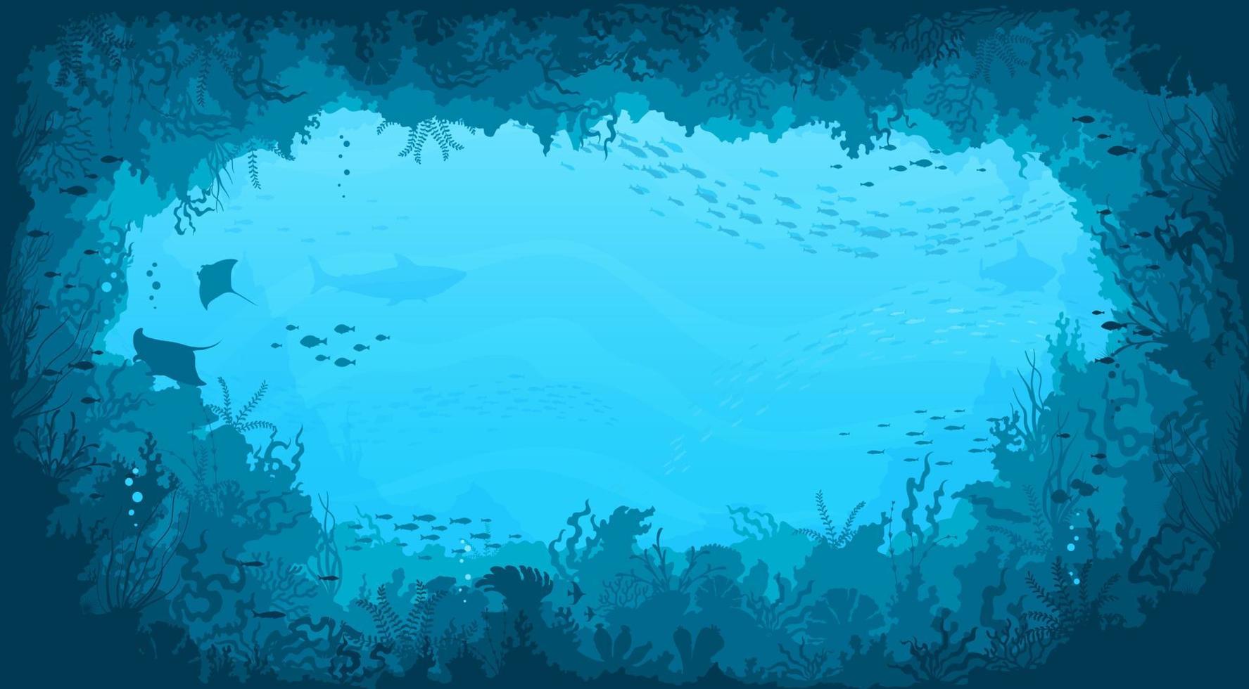 Underwater cave landscape, coral, manta and fish vector