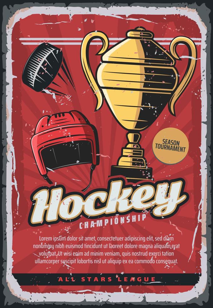 Ice hockey sport, helmet, puck and trophy cup vector