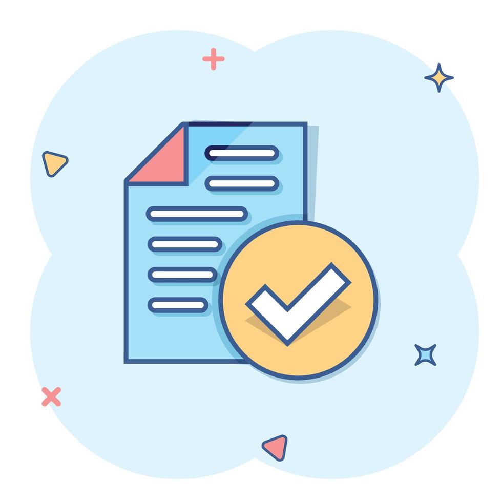 Approved document icon in comic style. Authorize cartoon vector illustration on white isolated background. Agreement check mark splash effect business concept.