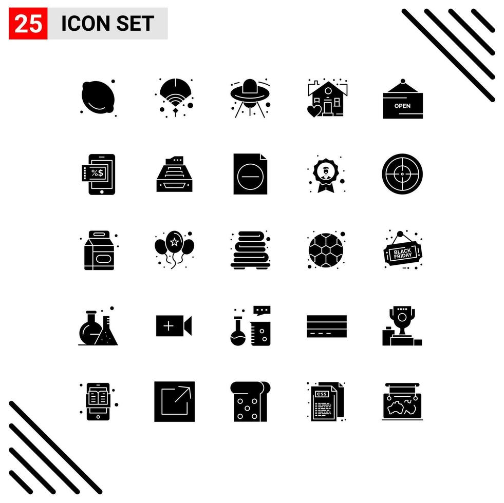25 Universal Solid Glyph Signs Symbols of open commerce alien real estate Editable Vector Design Elements