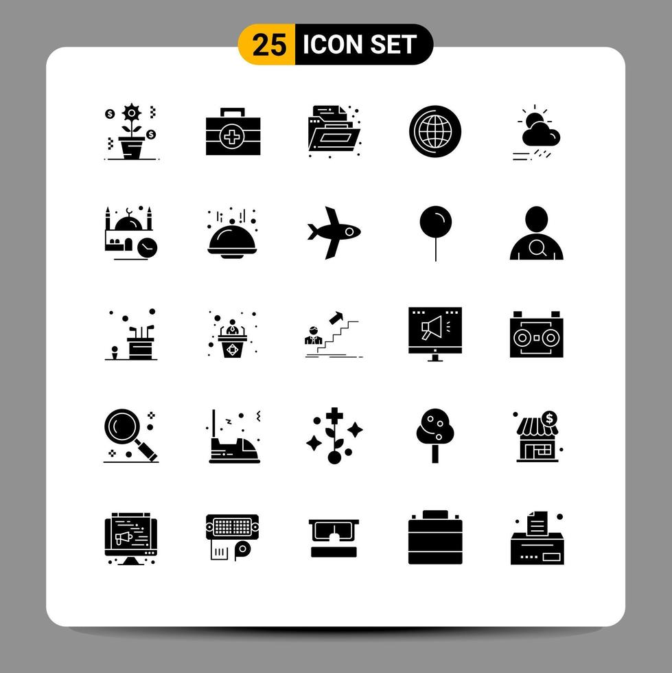 Modern Set of 25 Solid Glyphs Pictograph of weather rainy folder day cd Editable Vector Design Elements