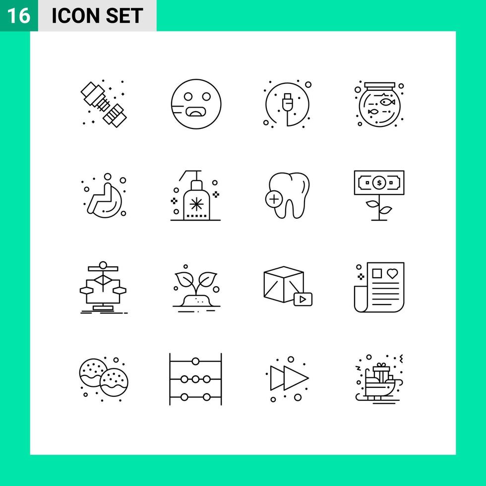16 Thematic Vector Outlines and Editable Symbols of wheel chair medical electronic pet bowl Editable Vector Design Elements