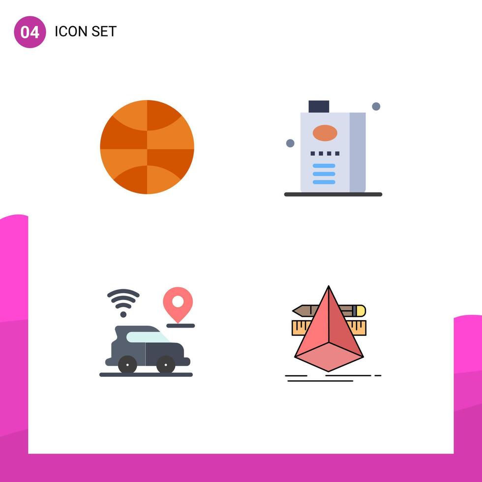 conjunto moderno de 4 iconos planos pictograma de elementos de diseño de vector editables de mapa de comida de vacaciones de coche de baloncesto