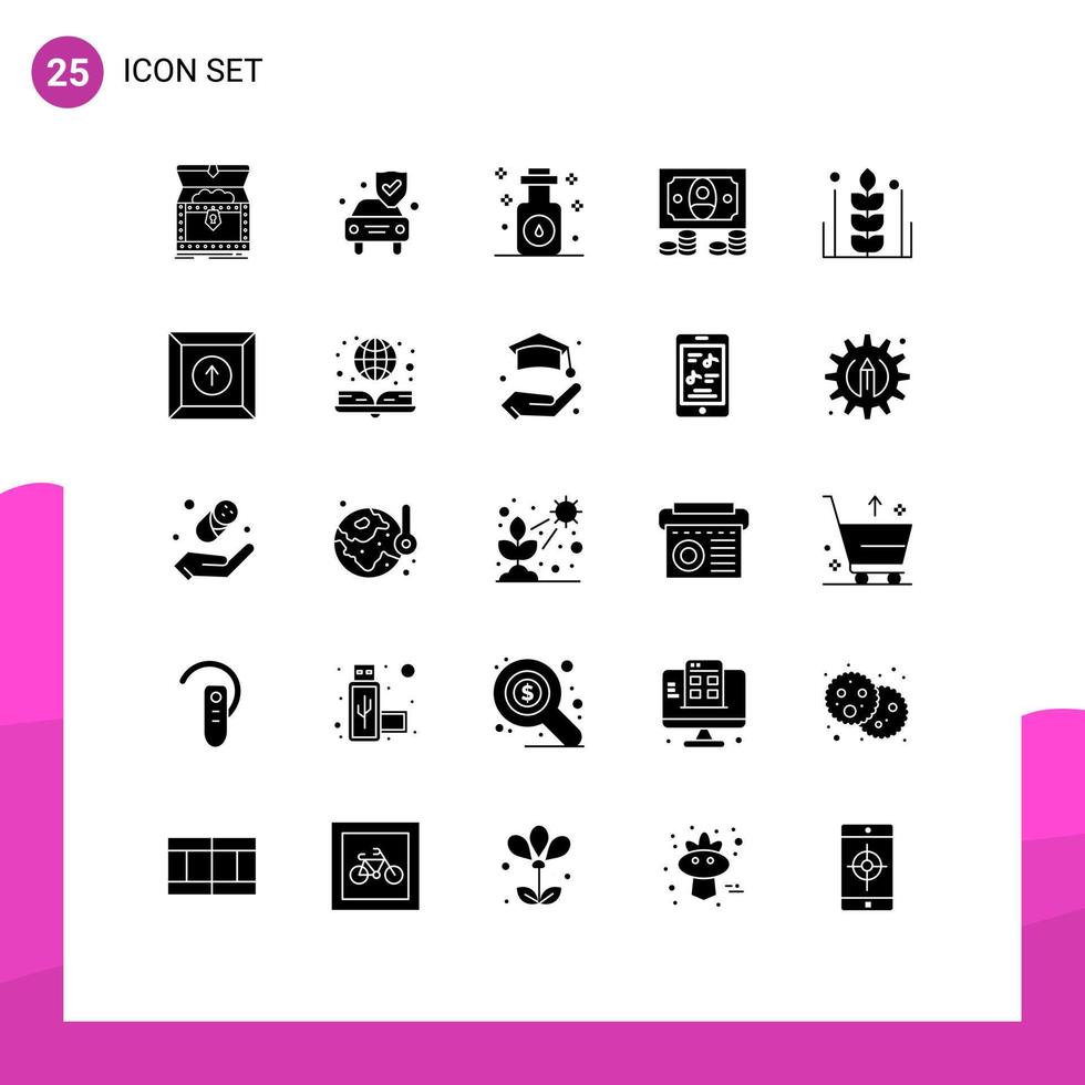 25 Thematic Vector Solid Glyphs and Editable Symbols of food money shield coins spa Editable Vector Design Elements