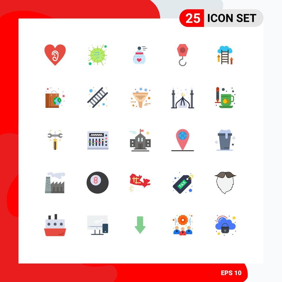 Group of 25 Flat Colors Signs and Symbols for upload cloud perfume hook construction Editable Vector Design Elements
