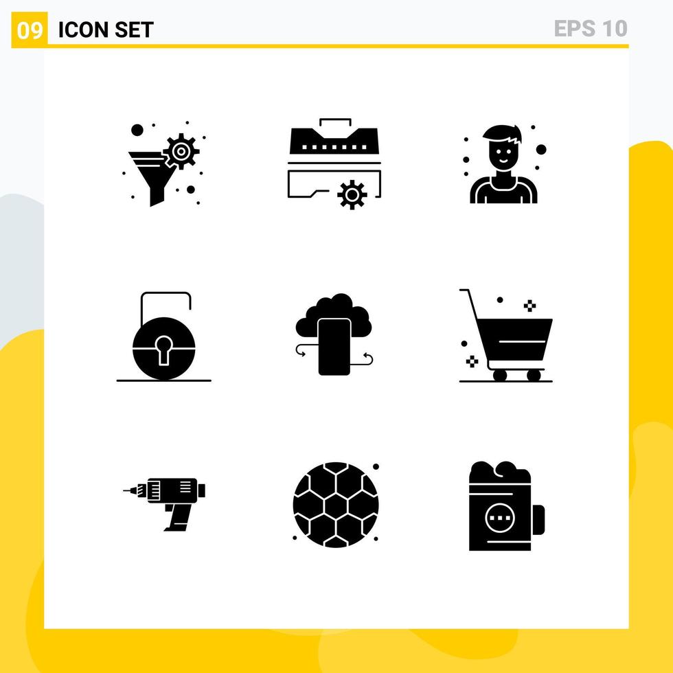 9 Thematic Vector Solid Glyphs and Editable Symbols of cloud storage cloudstorage athlete security lock pad Editable Vector Design Elements