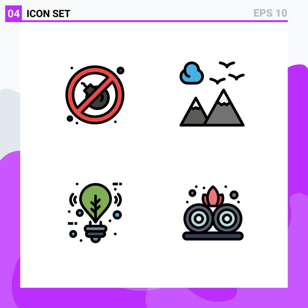 Set of 4 Modern UI Icons Symbols Signs for fire light mountains travel lotus Editable Vector Design Elements