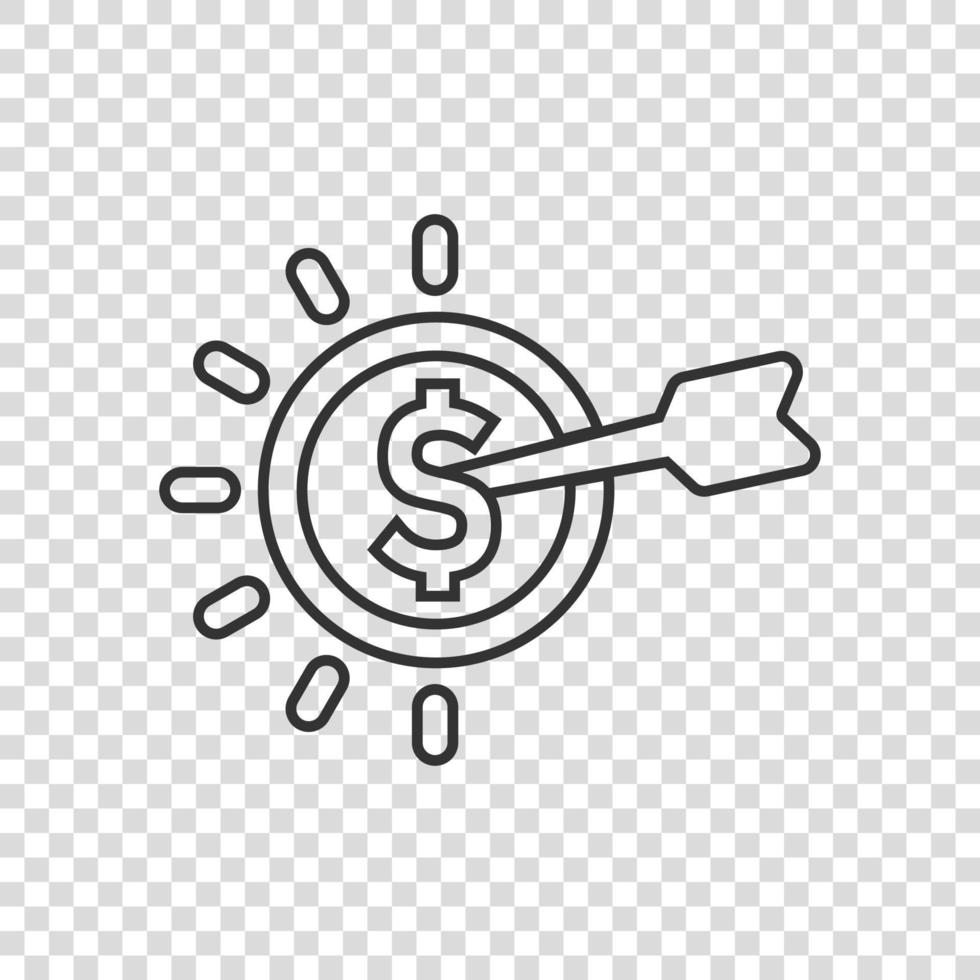 Darts target with dollar icon in flat style. Budget deposit vector illustration on isolated background. Strategy achievement sign business concept.
