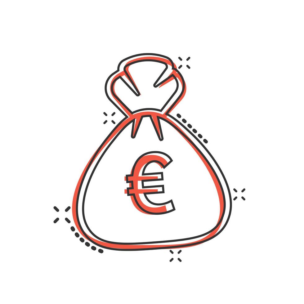 icono de bolsa de dinero en estilo cómico. Ilustración de vector de dibujos animados de bolsa de dinero sobre fondo aislado. signo de efecto de salpicadura de saco de monedas concepto de negocio.