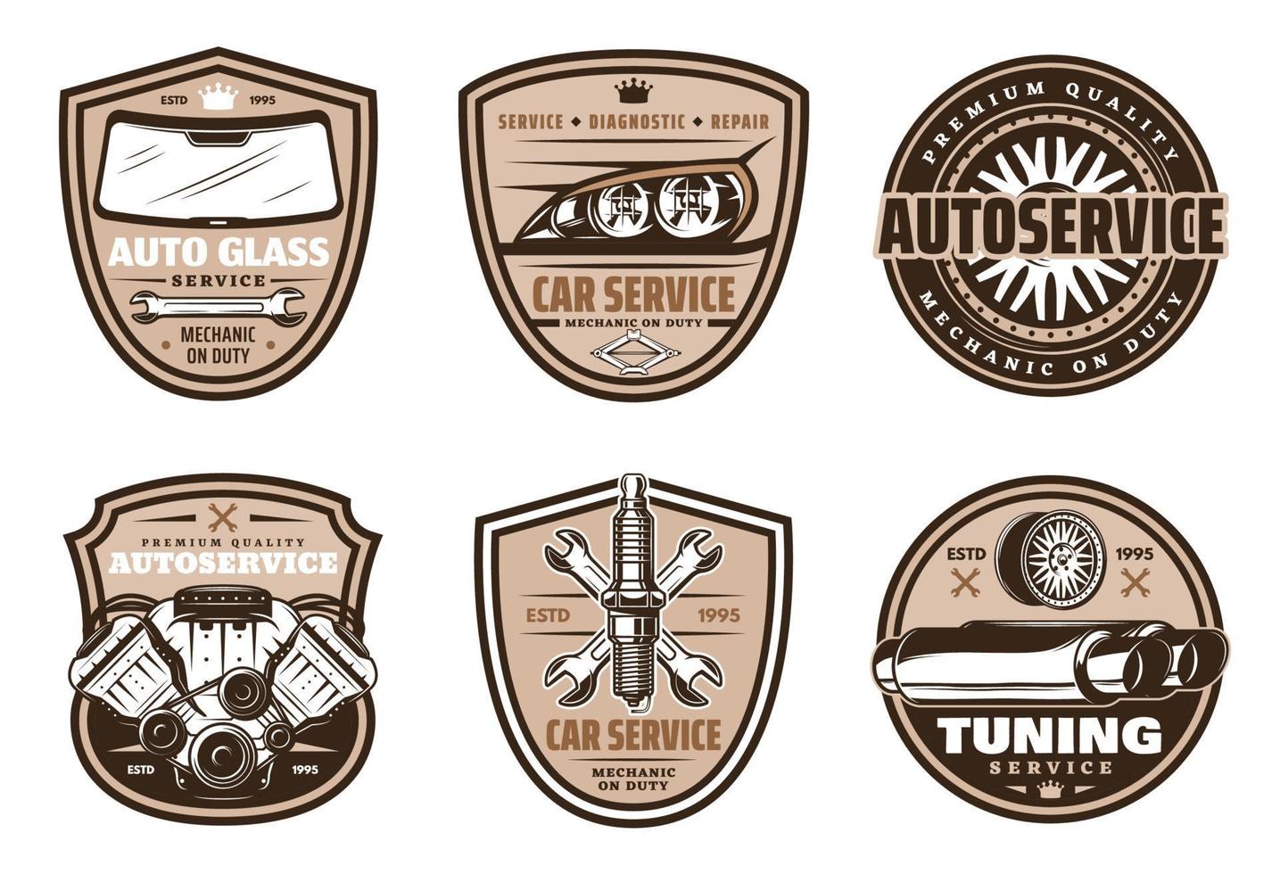 Auto service retro badge of car repair shop design vector