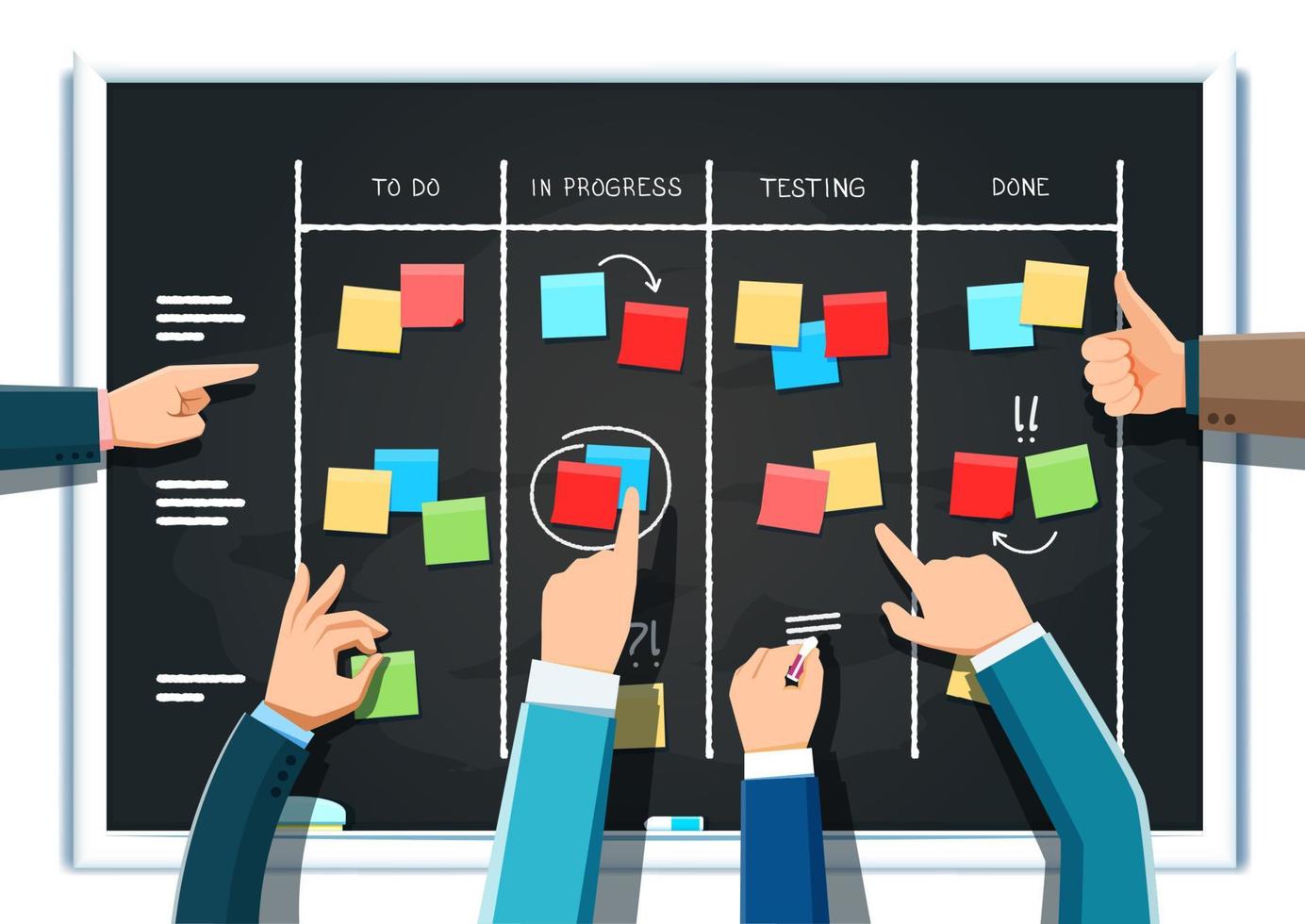 tablero de scrum con manos de hombre de negocios, plan de trabajo vector