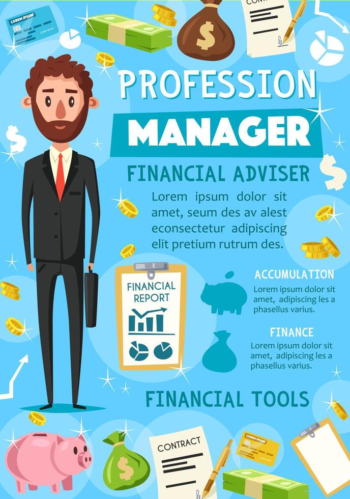 Businessman or manager, financial tools, vector