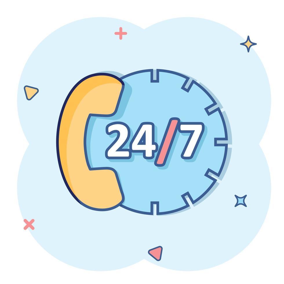 Phone service 24 7 icon in comic style. Telephone talk cartoon vector illustration on white isolated background. Hotline contact splash effect business concept.