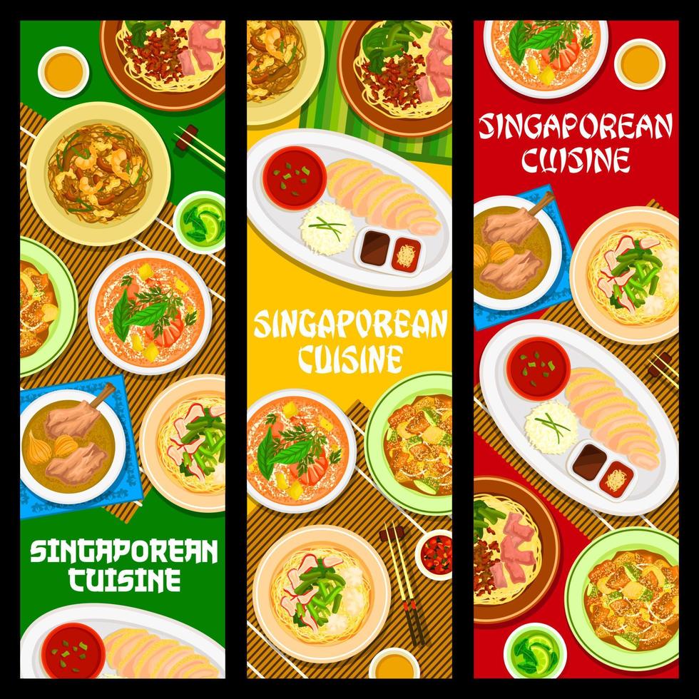 pancartas, platos y comidas de comida de cocina singapurense vector