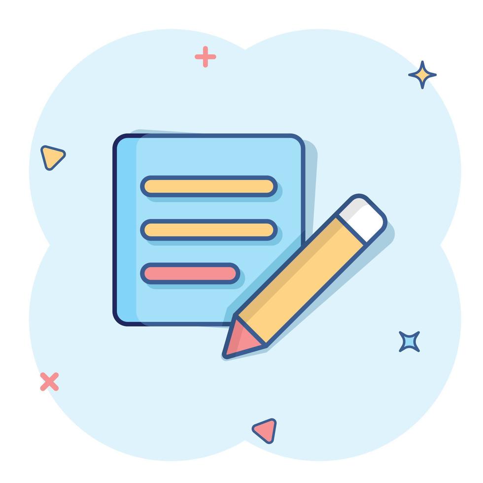 Blogging icon in comic style. Document with pen cartoon vector illustration on white isolated background. Content splash effect business concept.