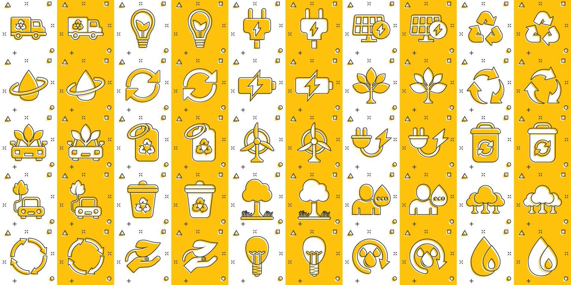 Eco environment icons set in comic style. Ecology cartoon vector illustration on white isolated background. Bio emblem splash effect sign business concept.