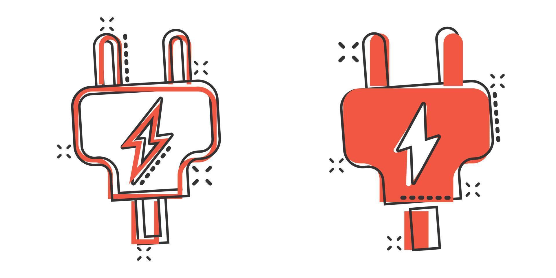 Electric plug icon in comic style. Power adapter cartoon vector illustration on white isolated background. Electrician splash effect sign business concept.