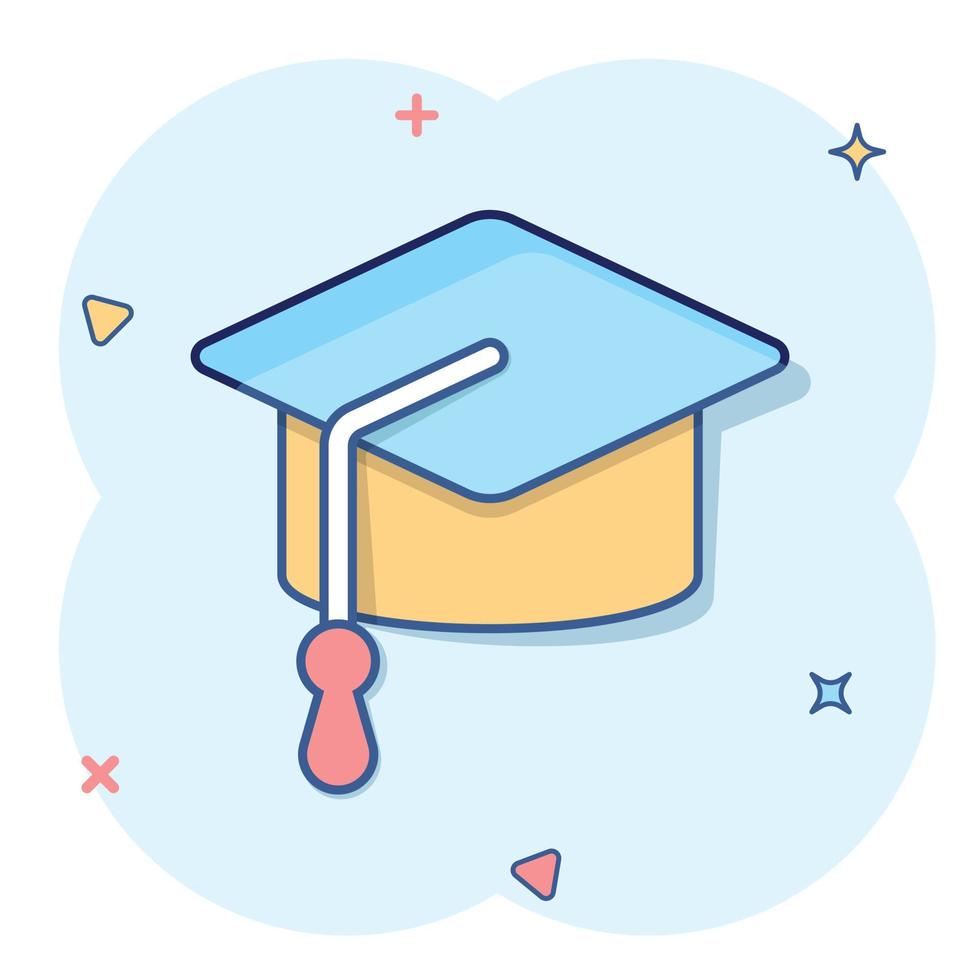 Graduation hat icon in comic style. Student cap cartoon vector illustration on white isolated background. University splash effect business concept.