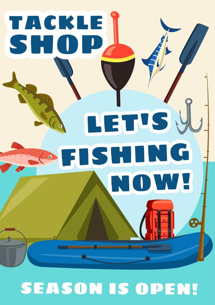Tackle shop poster, fishery equipment and fish vector