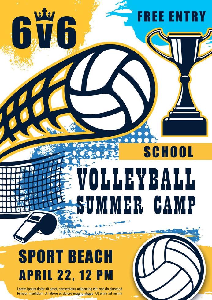 Volleyball match, sport summer beach game poster vector