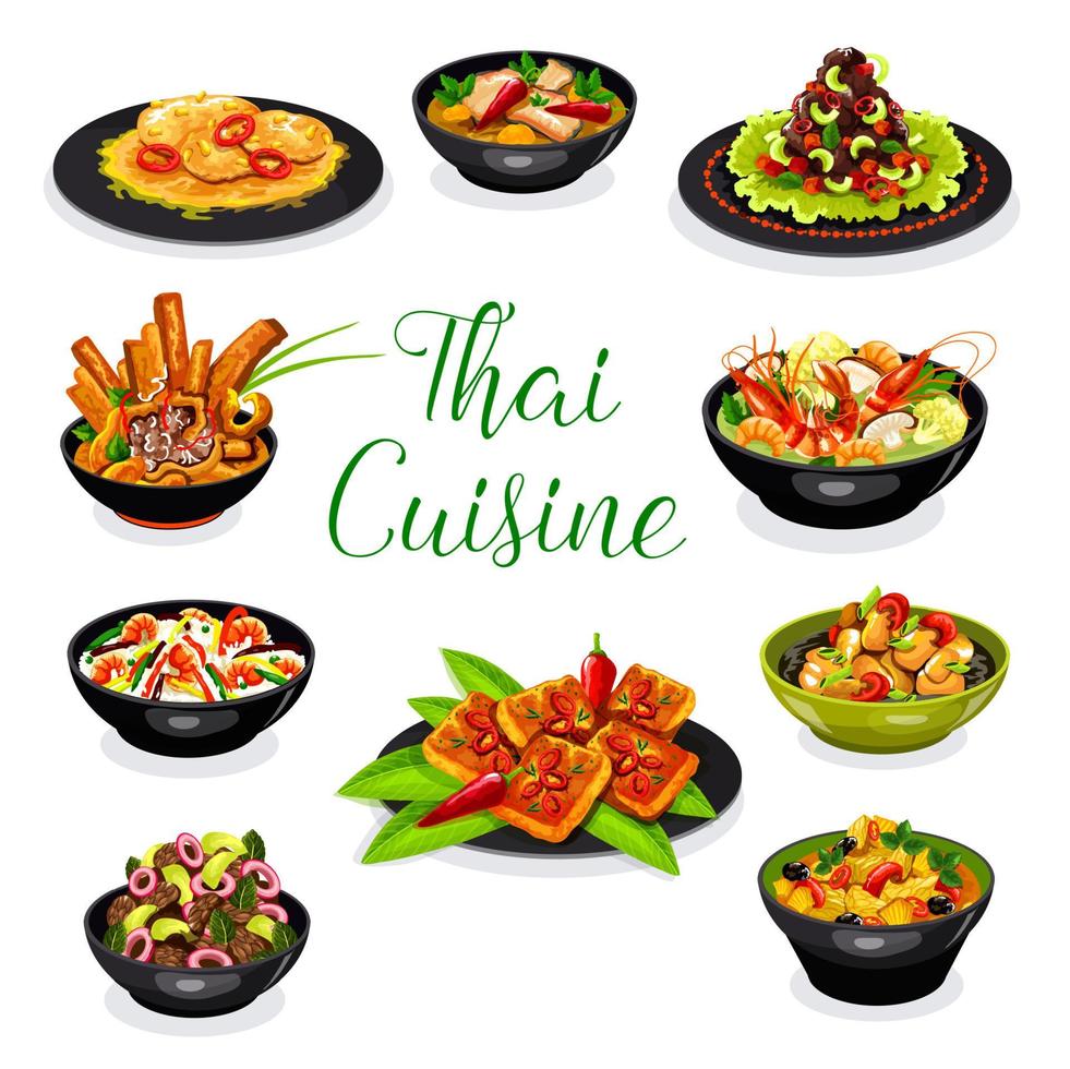 Thai cuisine rice dishes with seafood and meat vector