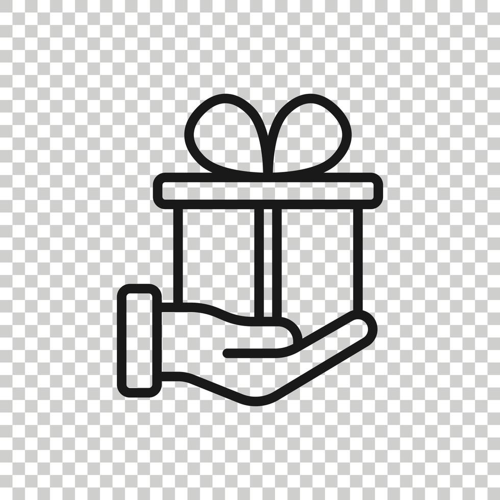 Gift box icon in flat style. Present on hand vector illustration on white isolated background. Surprise business concept.
