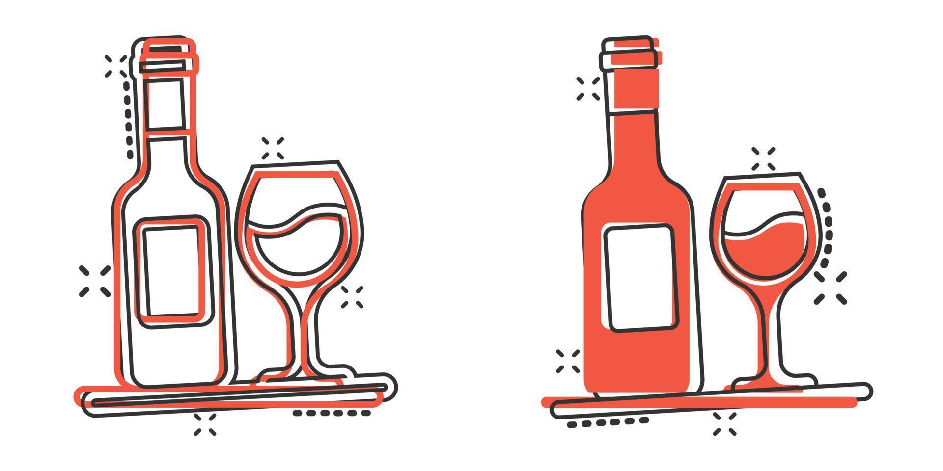 icono de copa y botella de vino en estilo cómico. Ilustración de vector de dibujos animados de bebidas de champán sobre fondo aislado. concepto de negocio de señal de efecto de salpicadura de bebida de cóctel.