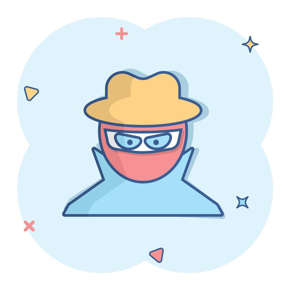 Fraud hacker icon in comic style. Spy cartoon vector illustration on isolated background. Cyber defend splash effect business concept.