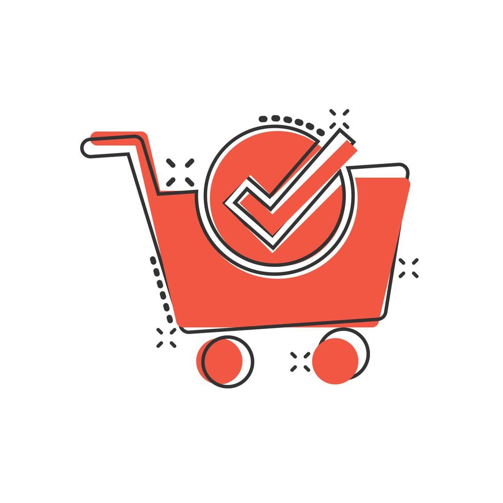 icono de marca de verificación del carrito de compras en estilo cómico. comprar ilustración de vector de dibujos animados de aprobación sobre fondo blanco aislado. confirme el concepto de negocio de efecto de salpicadura.