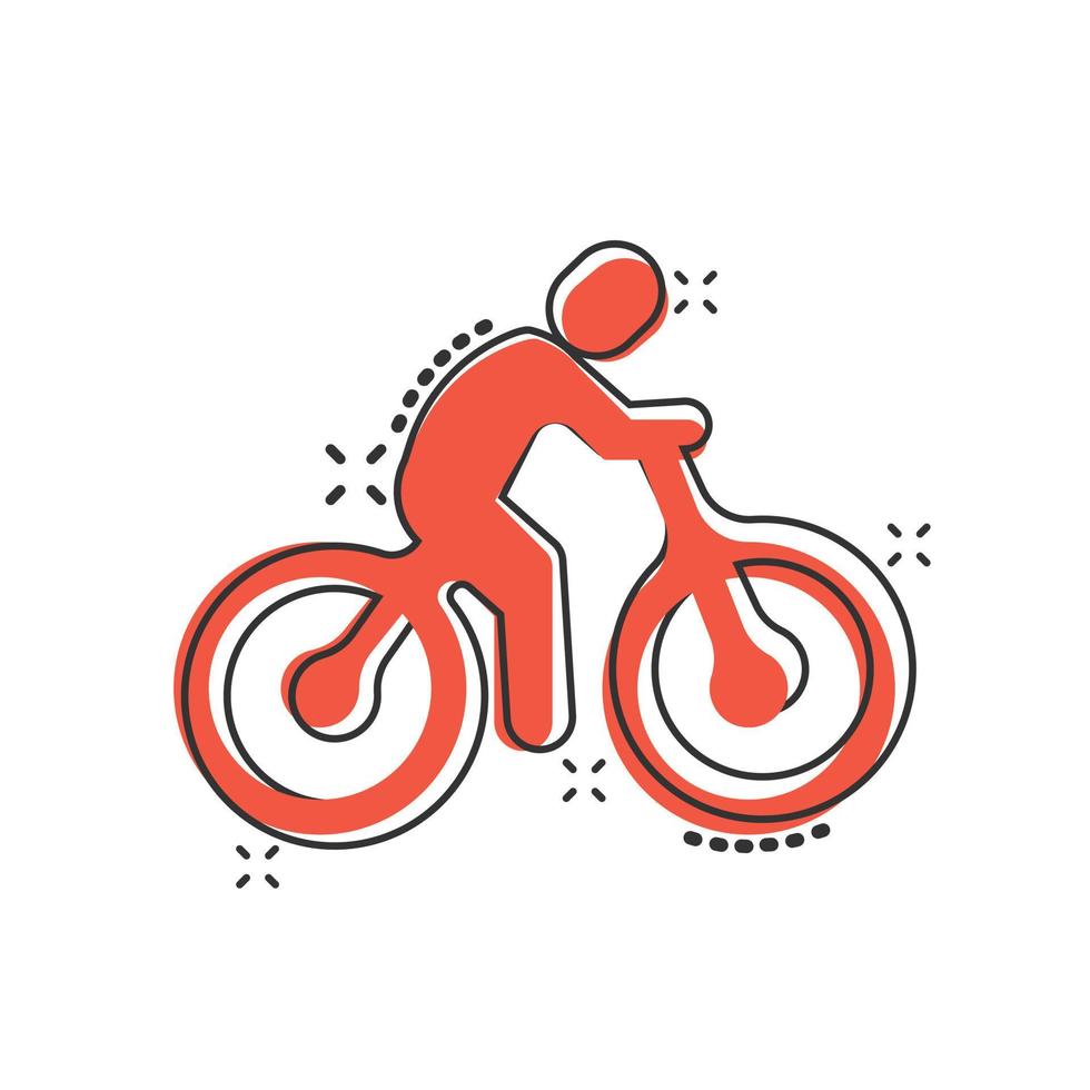 icono de bicicleta en estilo cómico. Bicicleta con ilustración de vector de dibujos animados de personas sobre fondo blanco aislado. concepto de negocio de efecto de salpicadura de jinete.