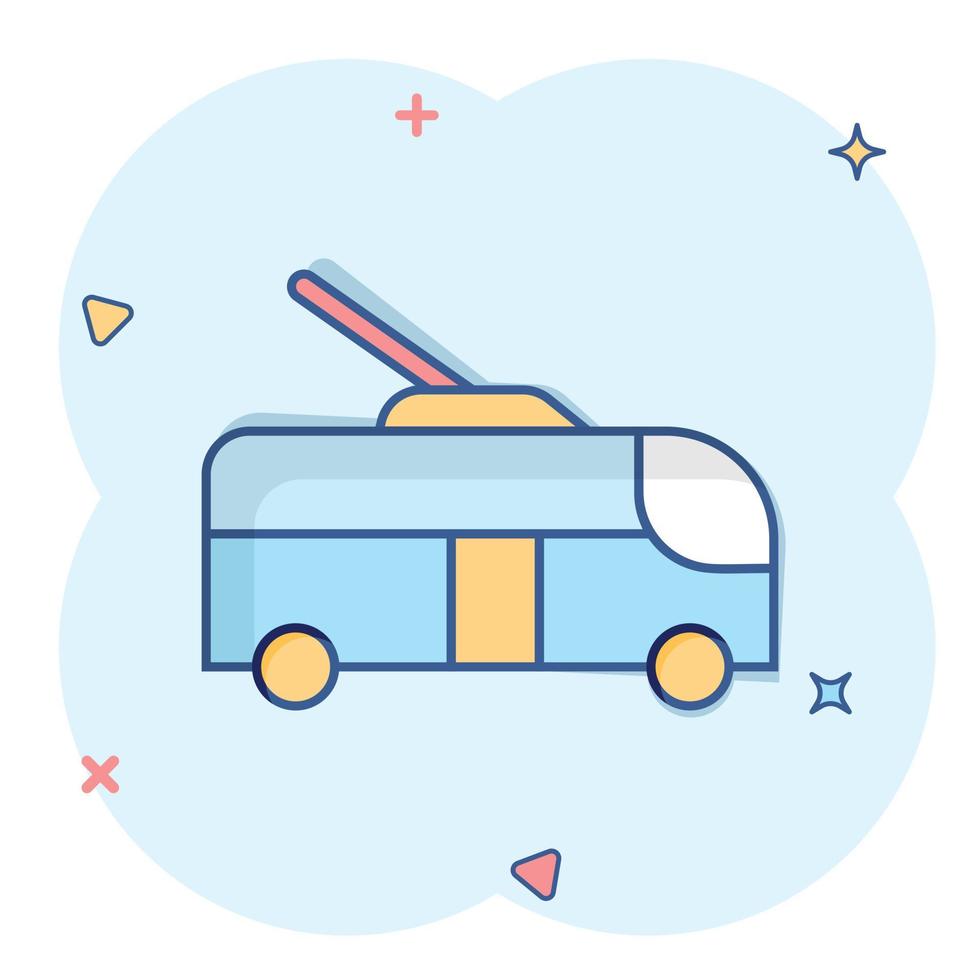 Trolleybus icon in comic style. Trolley bus cartoon vector illustration on white isolated background. Autobus vehicle splash effect business concept.