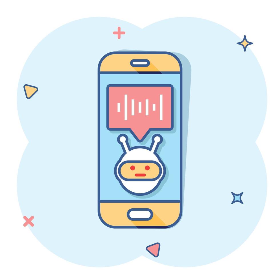 Voice assistant on smartphone icon in comic style. Sound record vector cartoon illustration on white isolated background. Chat recognition business concept splash effect.