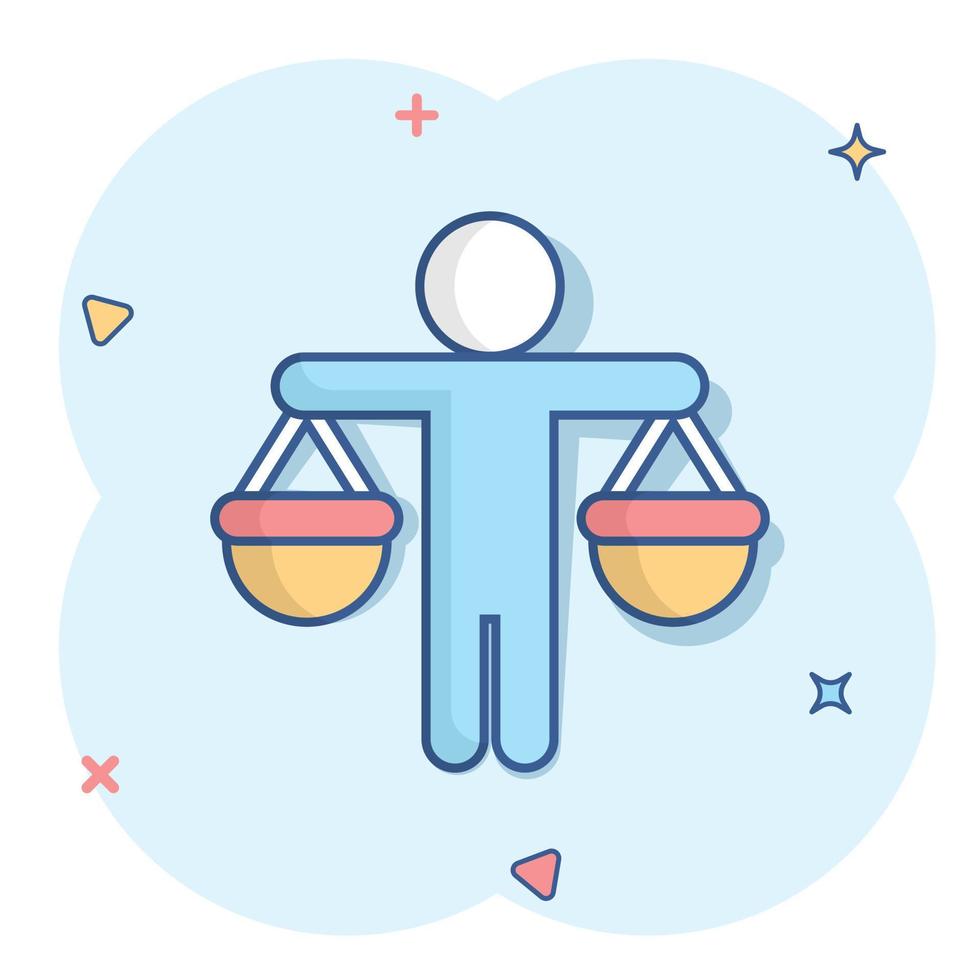 Ethic balance icon in comic style. Honesty cartoon vector illustration on isolated background. Decision splash effect business concept.