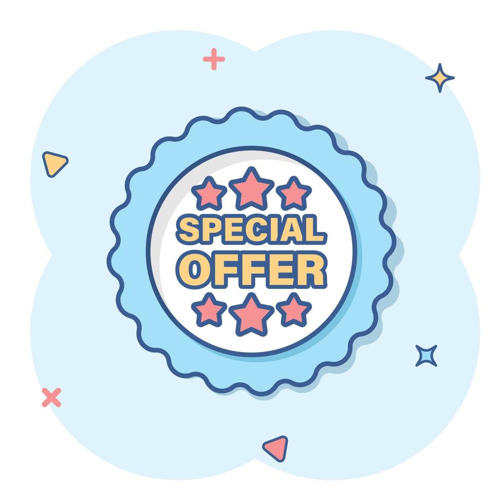 Special offer label icon in comic style. Discount banner cartoon vector illustration on isolated background. Sale sign business concept splash effect.