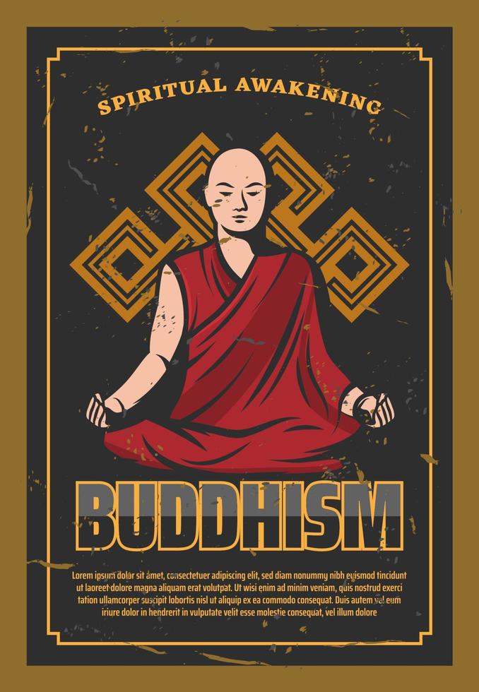 Buddhism religion poster with monk in lotus pose vector