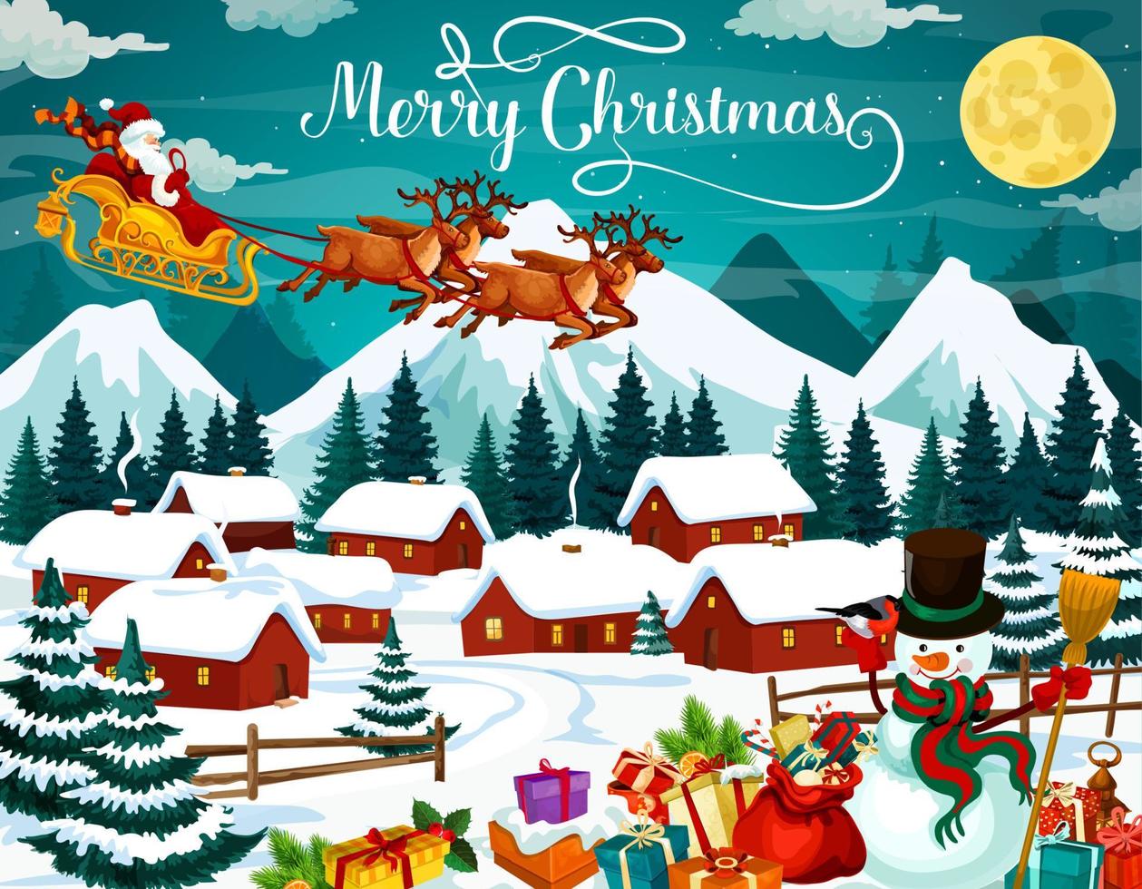 Winter town or village and Santa with deers vector