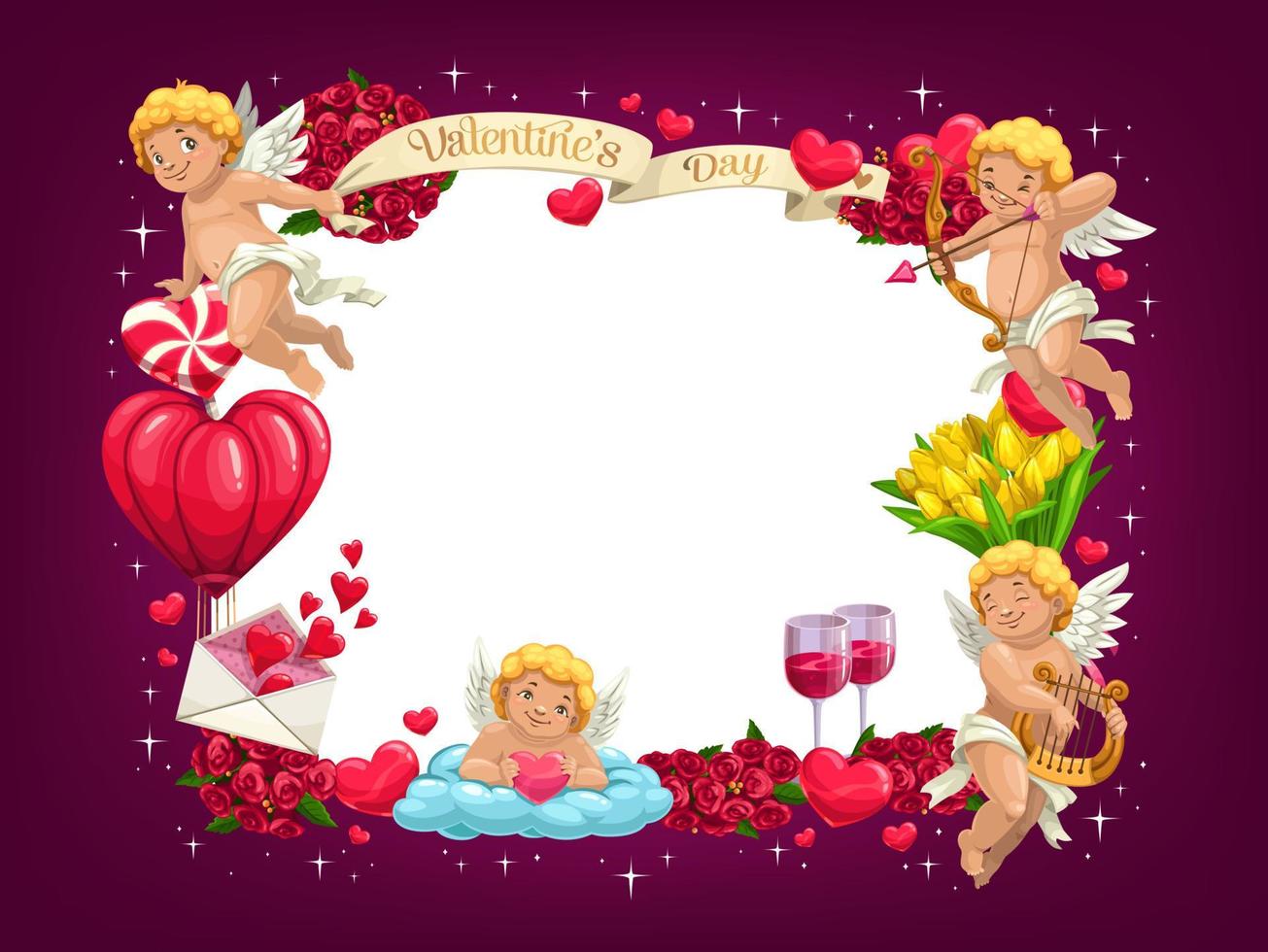 Valentines Day love hearts and flying Cupids frame vector