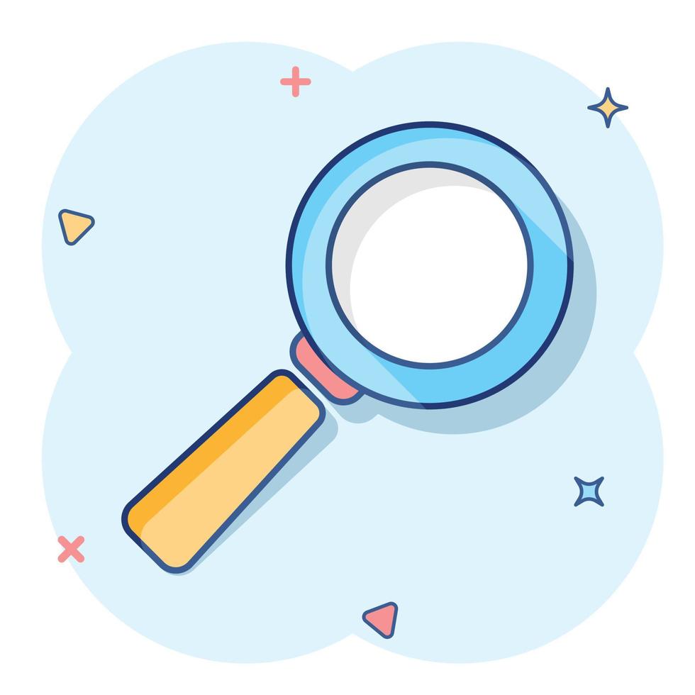 Vector cartoon magnifying glass icon in comic style. Search magnifier illustration pictogram. Find search business splash effect concept.