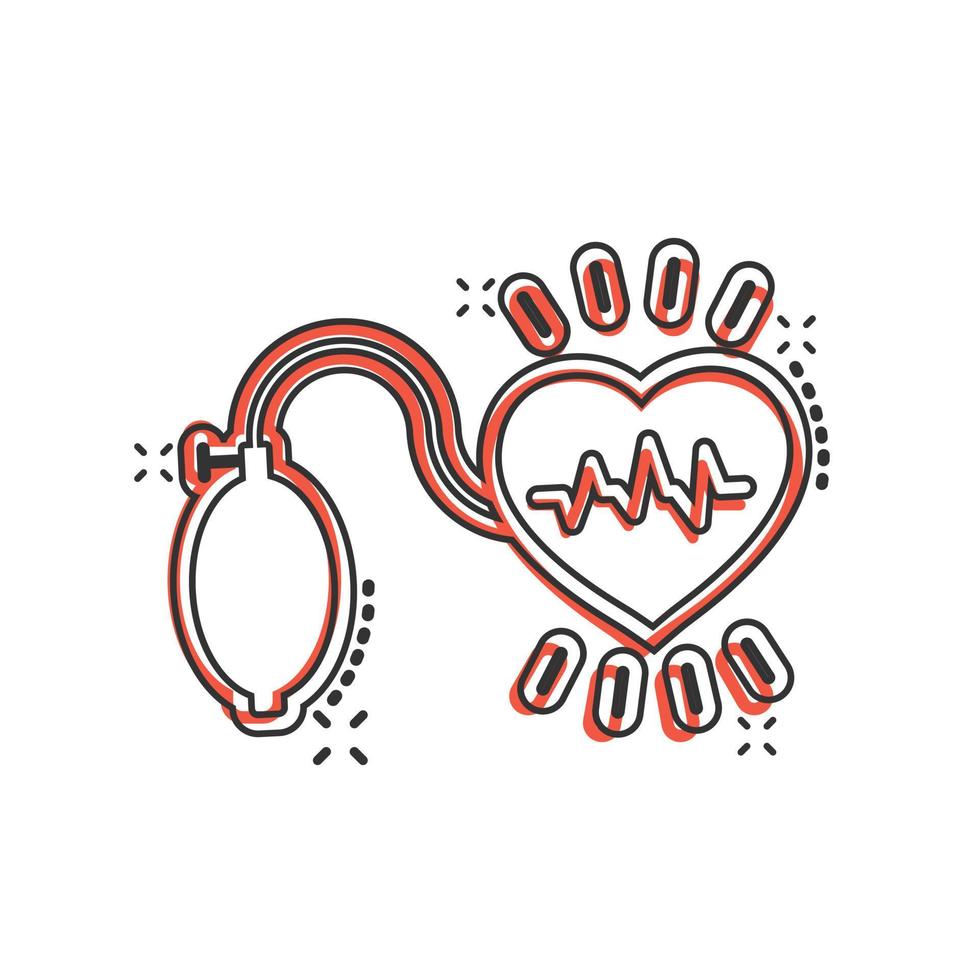 ícono de presión arterial en estilo cómico. monitor de latido del corazón ilustración vectorial de dibujos animados sobre fondo aislado. concepto de negocio de signo de efecto de salpicadura de diagnóstico de pulso. vector