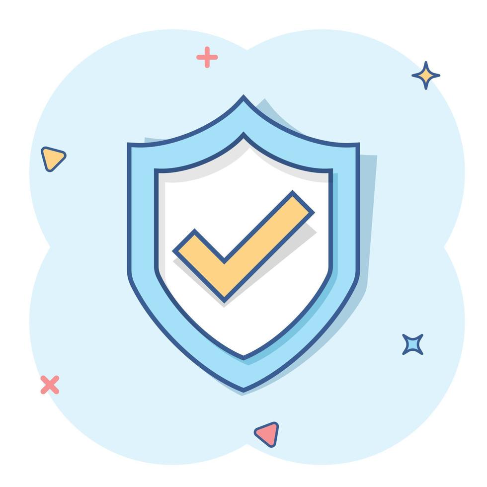 escudo con icono de marca de verificación en estilo cómico. proteger la ilustración vectorial de dibujos animados sobre fondo blanco aislado. concepto de negocio de efecto de salpicadura de guardia de marca de verificación. vector