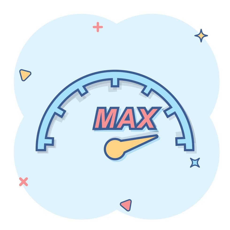 Cartoon max speed icon in comic style. Speedometer sign illustration pictogram. Tachometer splash business concept. vector