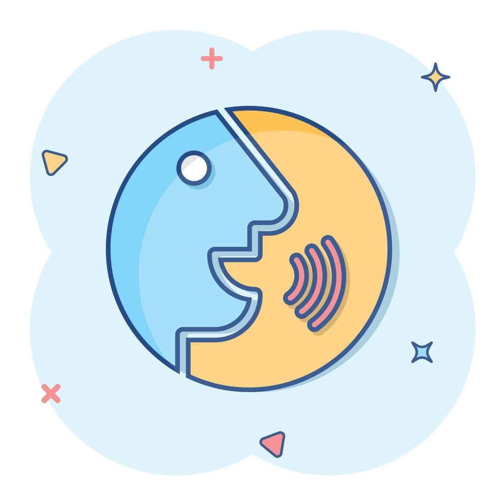 Voice command with sound waves icon in comic style. Speak control vector cartoon illustration pictogram. Speaker people business concept splash effect.