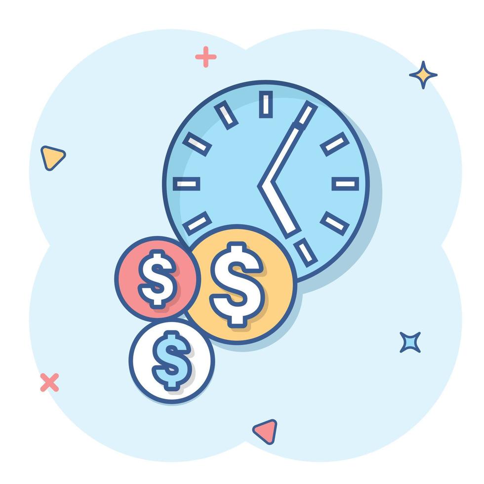 Time is money icon in comic style. Project management cartoon vector illustration on white isolated background. Deadline splash effect business concept.