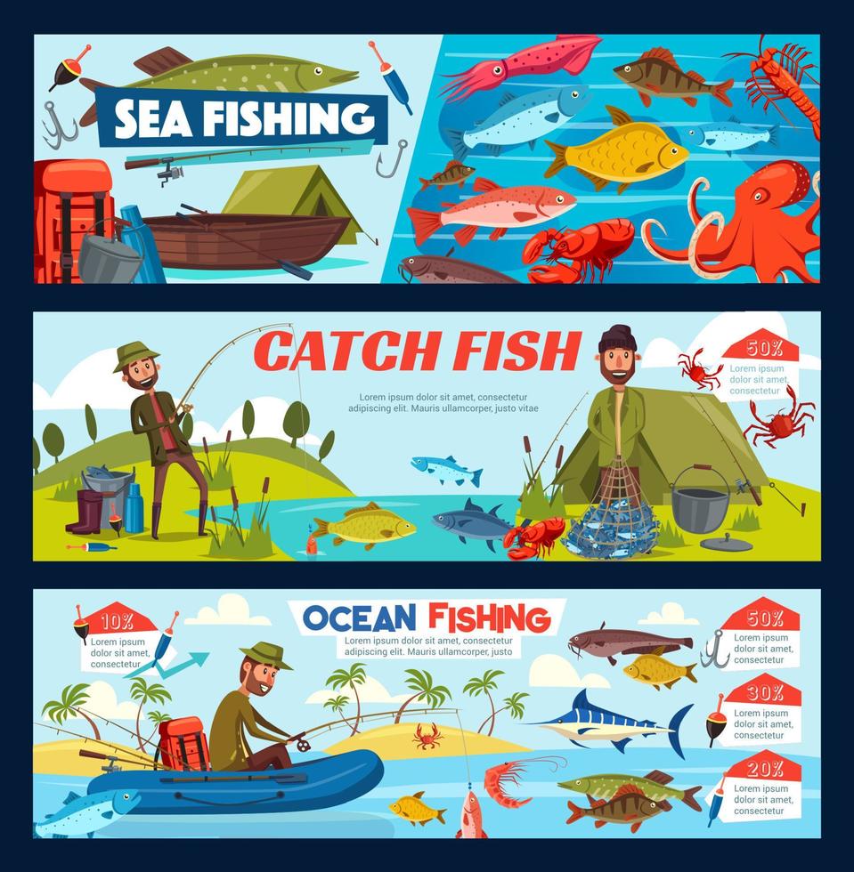 pescador, aparejos de pesca, pez y barco vector