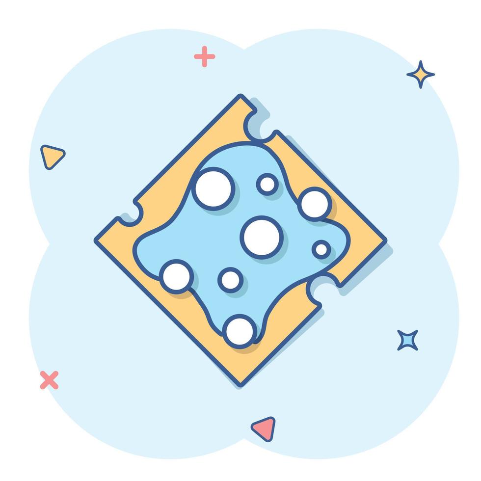 Cheese slice icon in comic style. Milk food cartoon vector illustration on isolated background. Breakfast splash effect sign business concept.