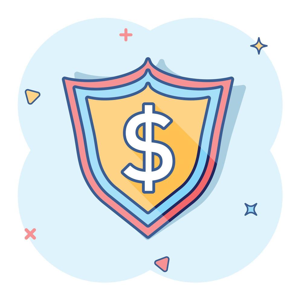 Vector cartoon shield with money icon in comic style. Shield sign illustration pictogram. Dollar business splash effect concept.