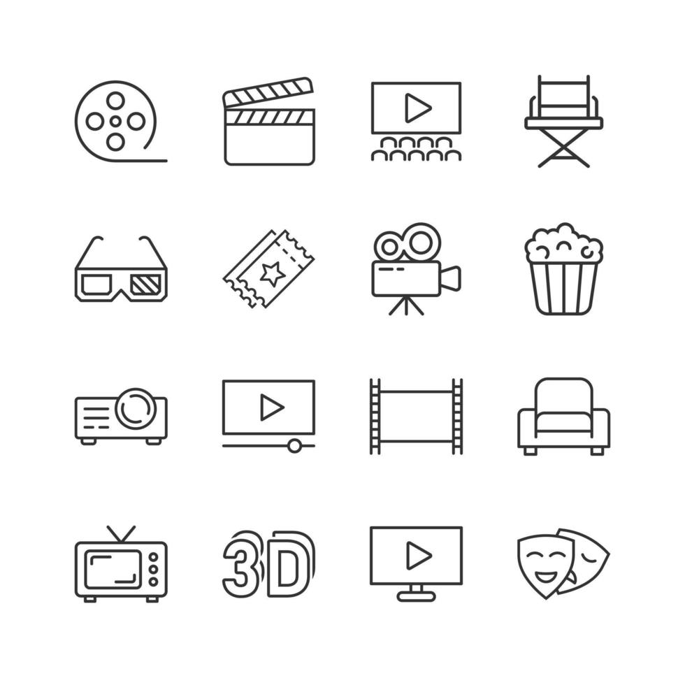 icono de línea de cine en estilo plano. Ilustración de vector de conjunto de entretenimiento sobre fondo blanco aislado. concepto de negocio de medios de cine.