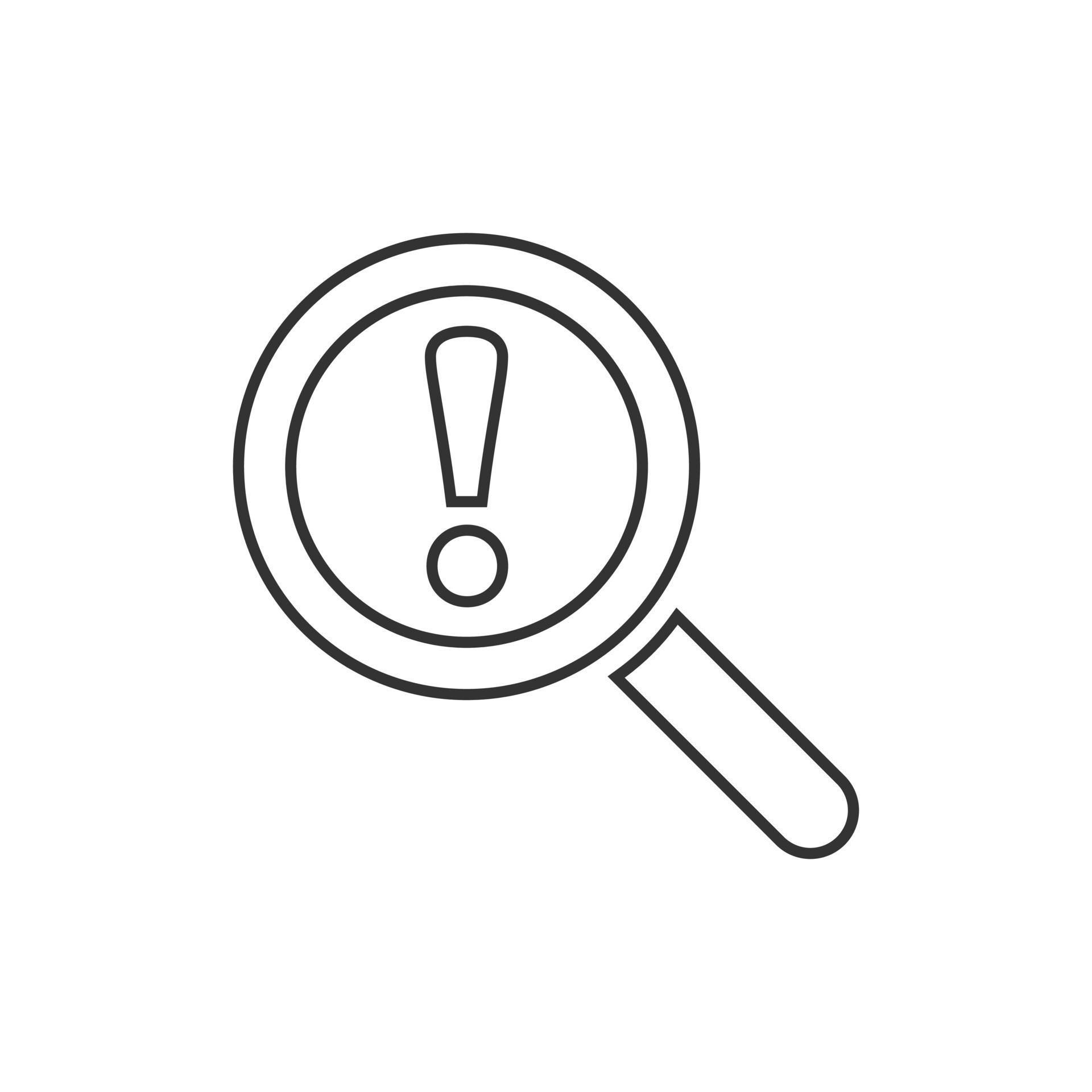 Risk analysis icon in flat style. Exclamation magnifier vector