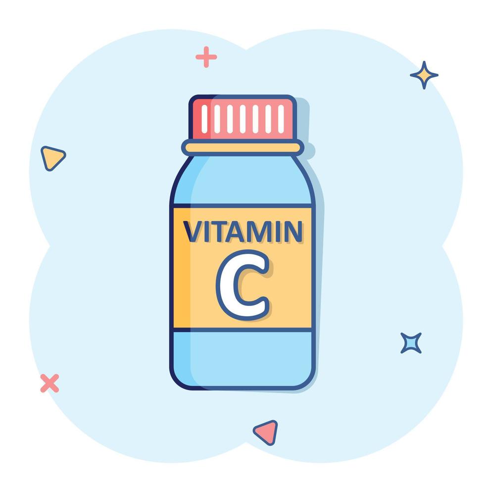 icono de vitamina c en estilo cómico. botella con ilustración de vector de dibujos animados de píldora sobre fondo blanco aislado. efecto de salpicadura de concepto de negocio de signo de farmacia.