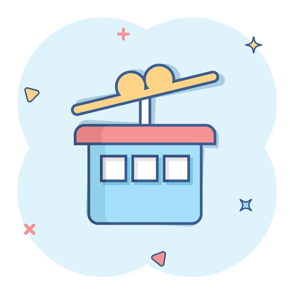 Cable car icon in comic style. Elevator cabin cartoon vector illustration on white isolated background. Cableway splash effect business concept.